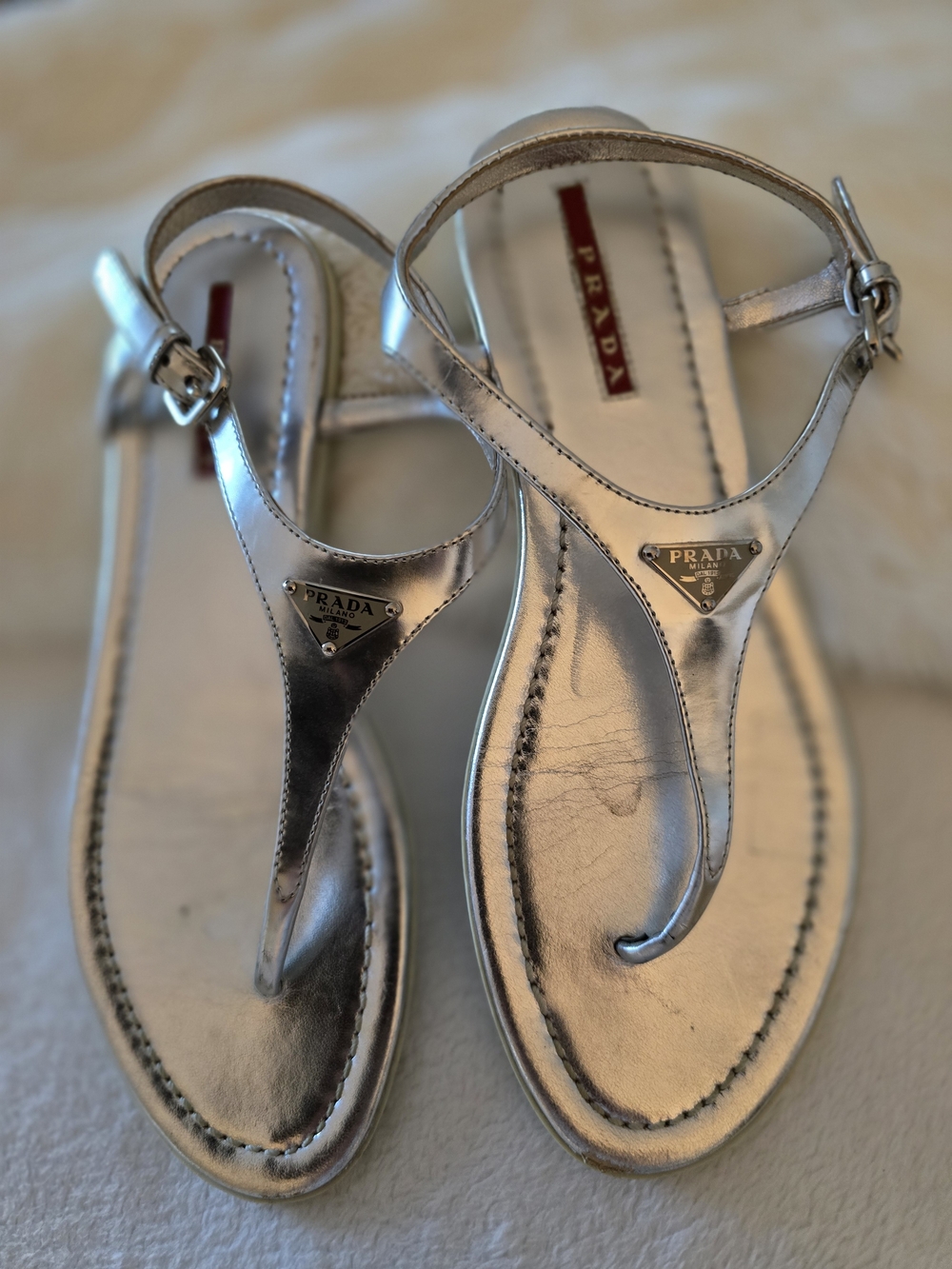 Prada Silver Leather T-Strap Sandals